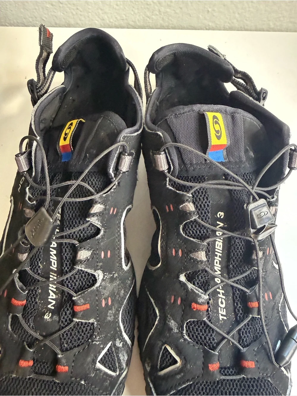 Salomon Techamphibian 3  men size 10 Black Sandal with Red and Yellow Detail